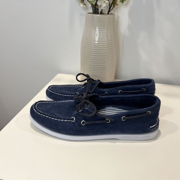 Sperry Top-Sider A/O 2-Eye Seersucker Men's Sz 9.5 M Blue /White Boat Shoes -EUC - Picture 2 of 5